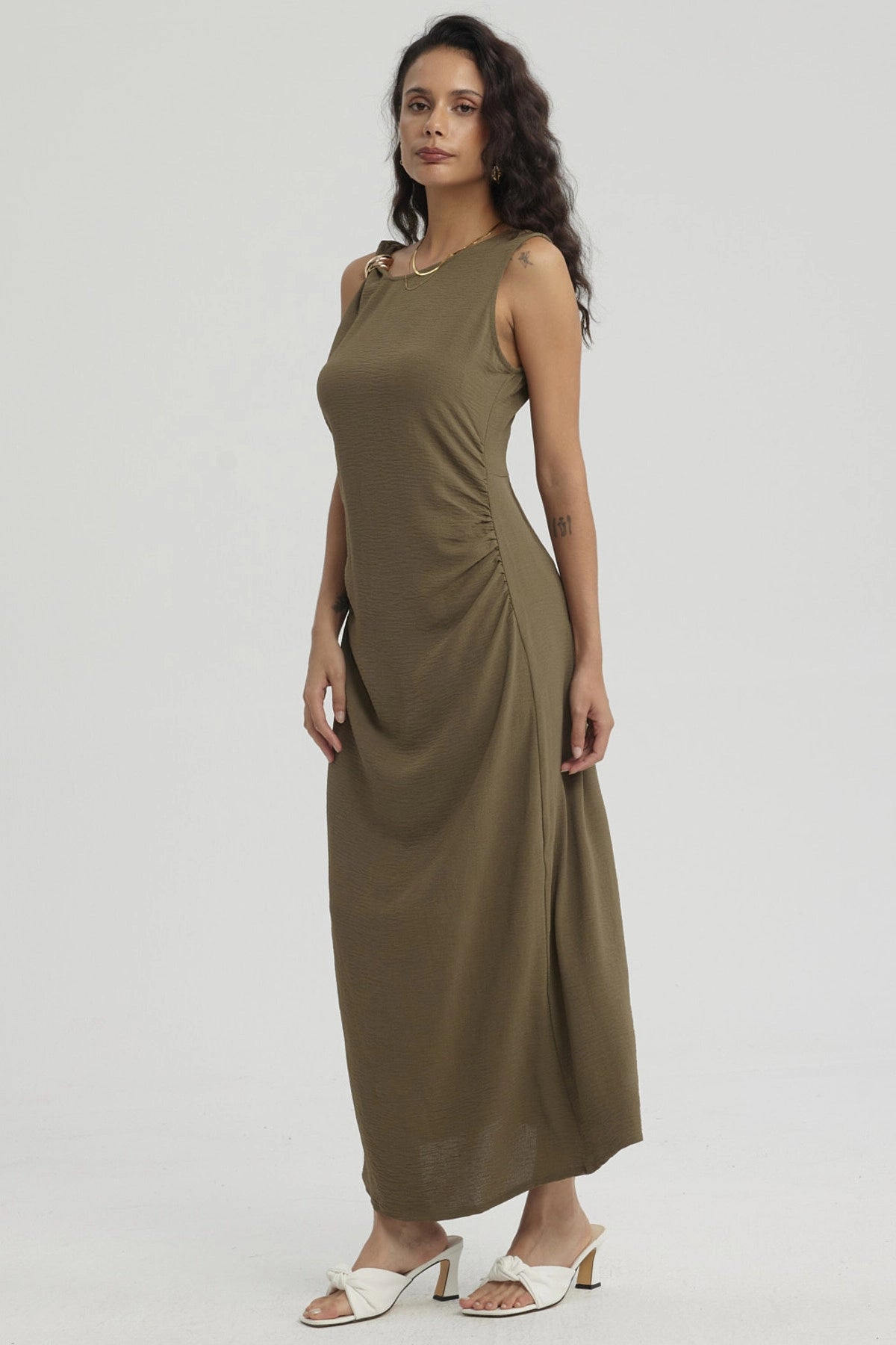 Vestido Mujer Largo Asimétrico Textura Verde Olivo