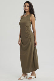 Vestido Mujer Largo Asimétrico Textura Verde Olivo