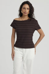 Polera Mujer Cuello Asimétrico Textura Café Oscuro