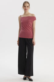 Polera mujer malva de pabilo con escote asimétrico lisa sin estampa ideal para un look fresco y moderno