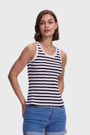 Polera Mujer Rib Rayas Y Lisa Blanco / Negro