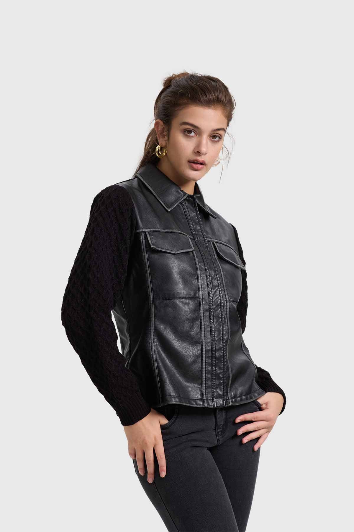 Chaqueta Mujer Efecto Cuero Negro