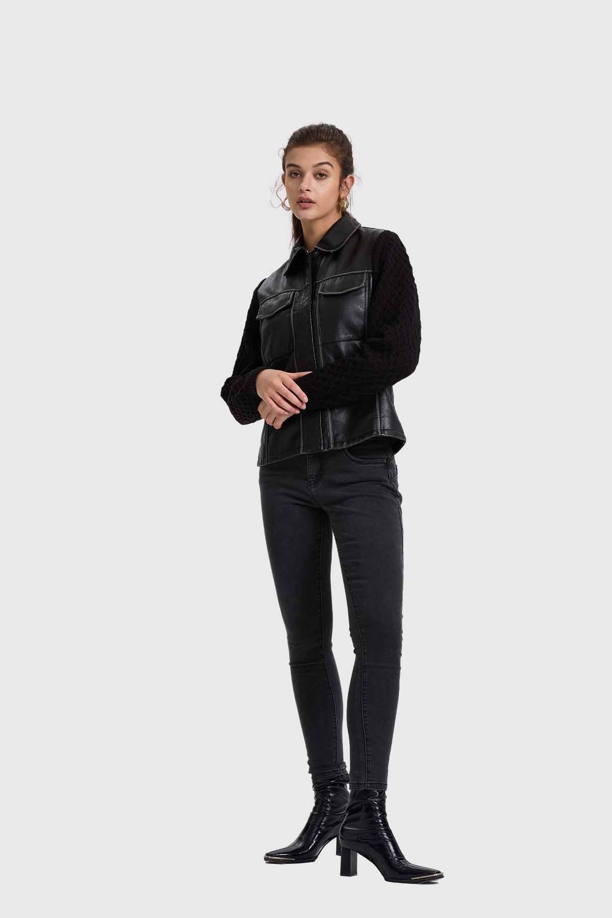 Chaqueta Mujer Efecto Cuero Negro