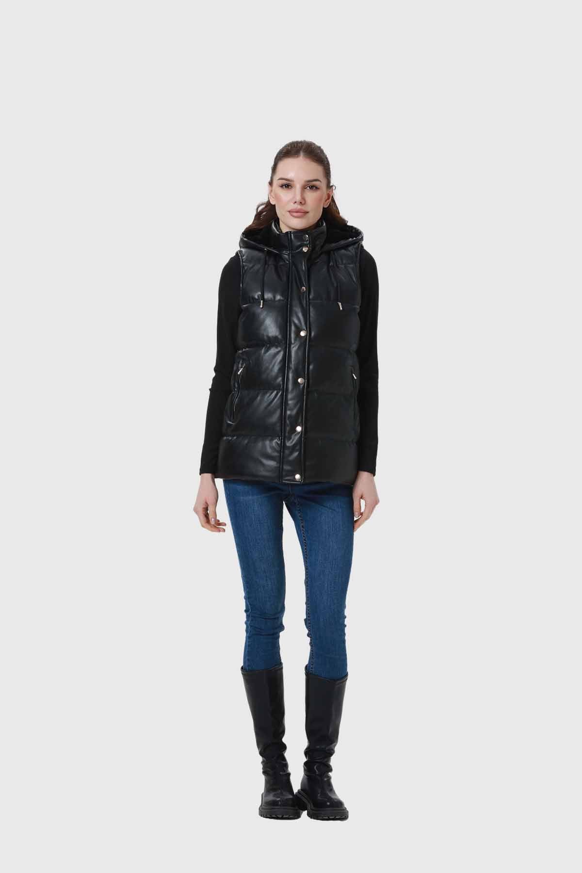 Parka Mujer Larga Efecto Cuero Negro