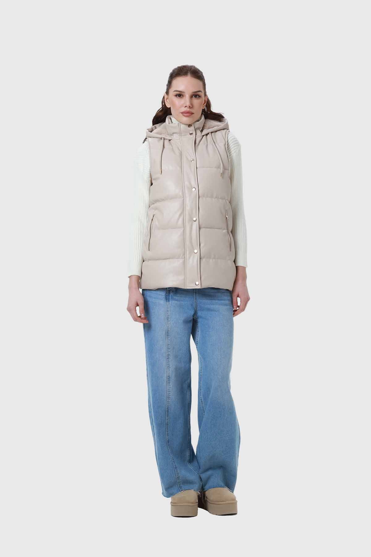Parka Mujer Larga Efecto Cuero Arena