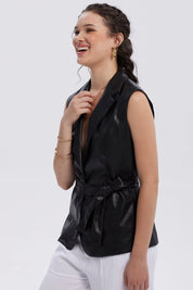 Chaqueta Mujer Efecto Cuero Lisa Negro