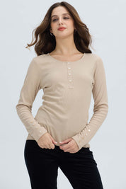 Polera Mujer Botón Rib lisa Beige