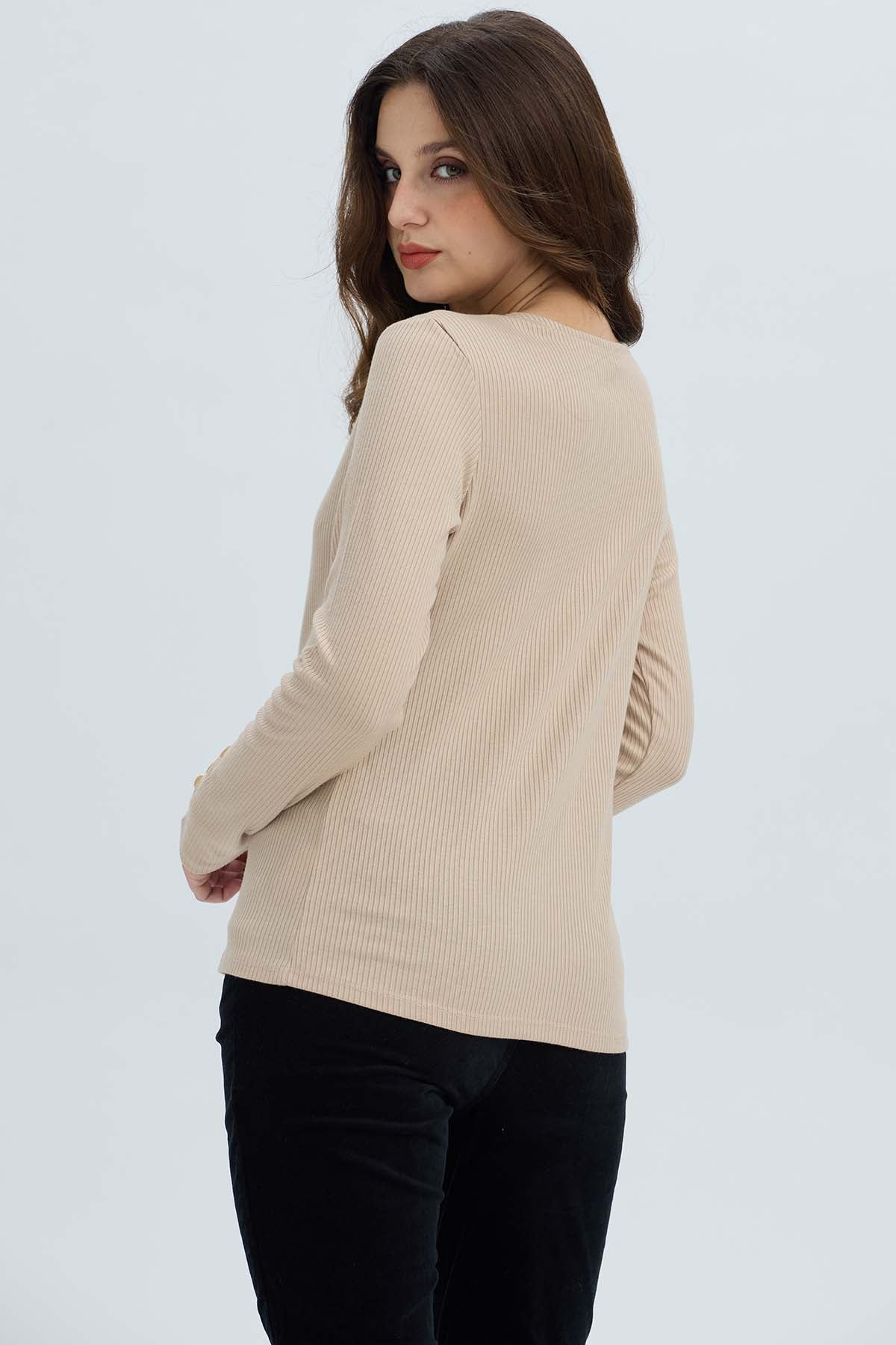 Polera Mujer Botón Rib lisa Beige