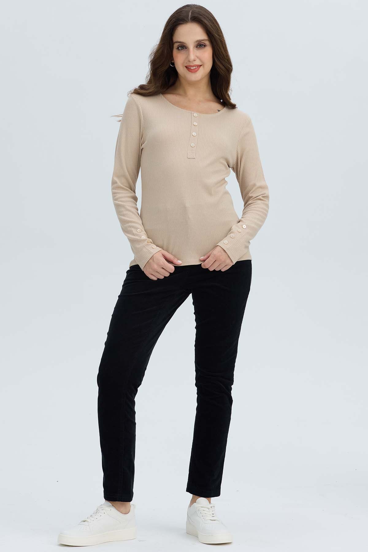 Polera Mujer Botón Rib lisa Beige