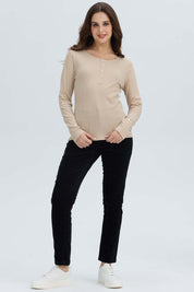 Polera Mujer Botón Rib lisa Beige