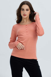 Polera Mujer Botón Rib lisa Coral