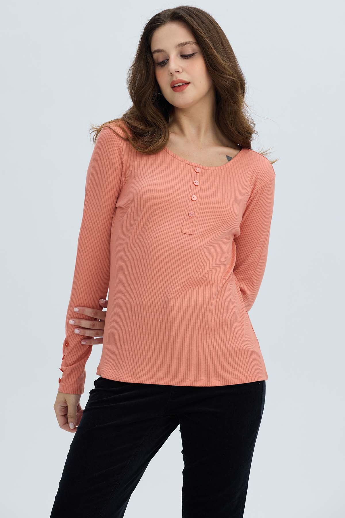 Polera Mujer Botón Rib lisa Coral
