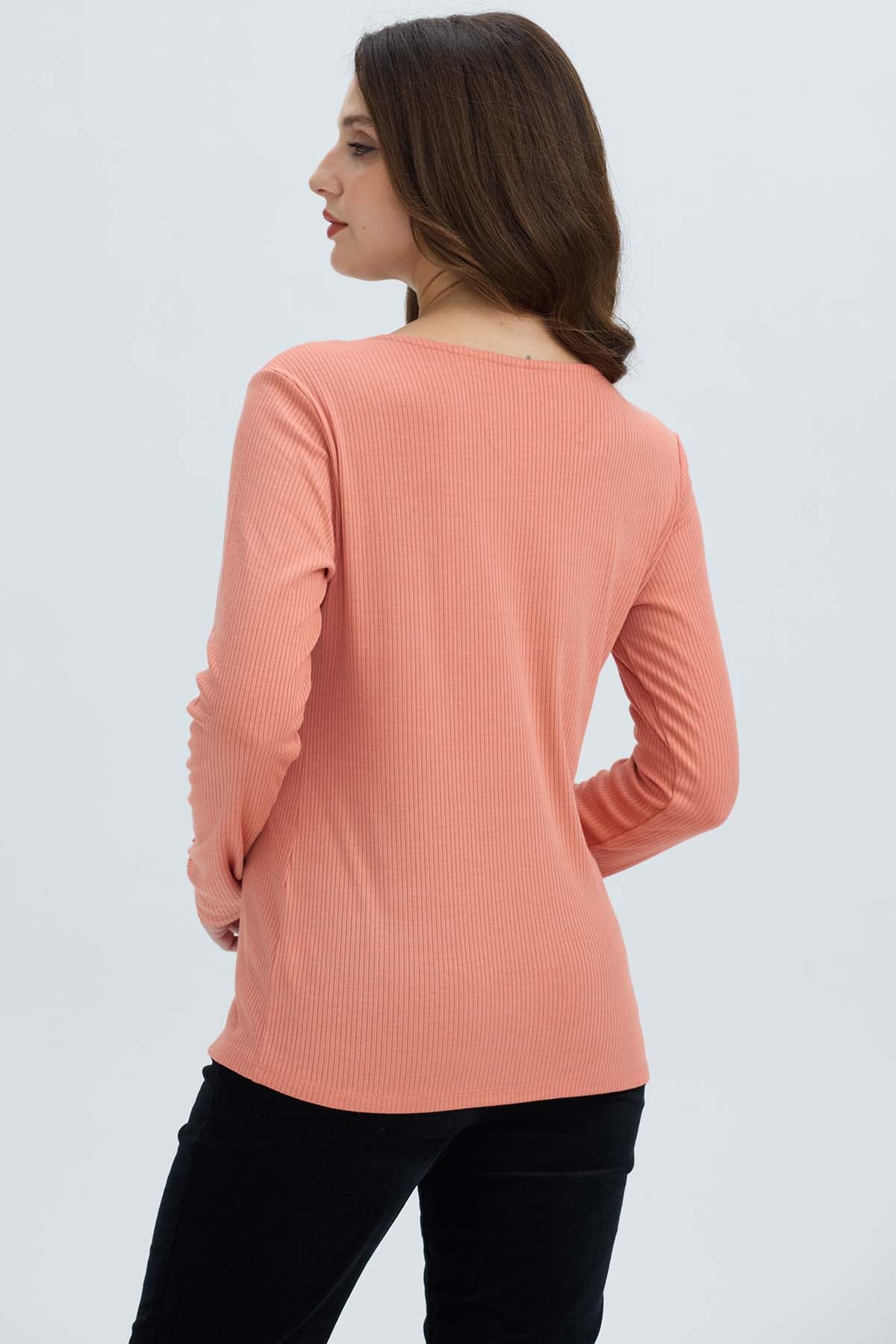 Polera Mujer Botón Rib lisa Coral