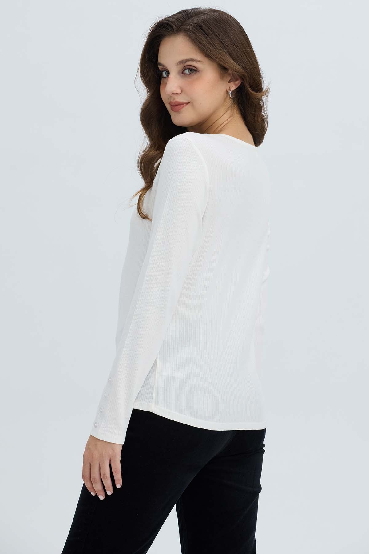 Polera Mujer Botón Rib lisa Crudo