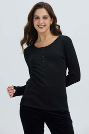 Polera Mujer Botón Rib lisa Negro