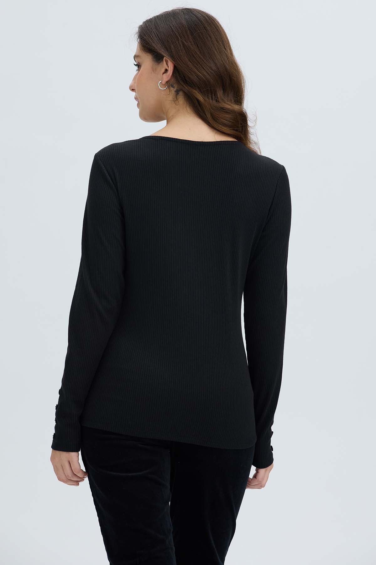 Polera Mujer Botón Rib lisa Negro