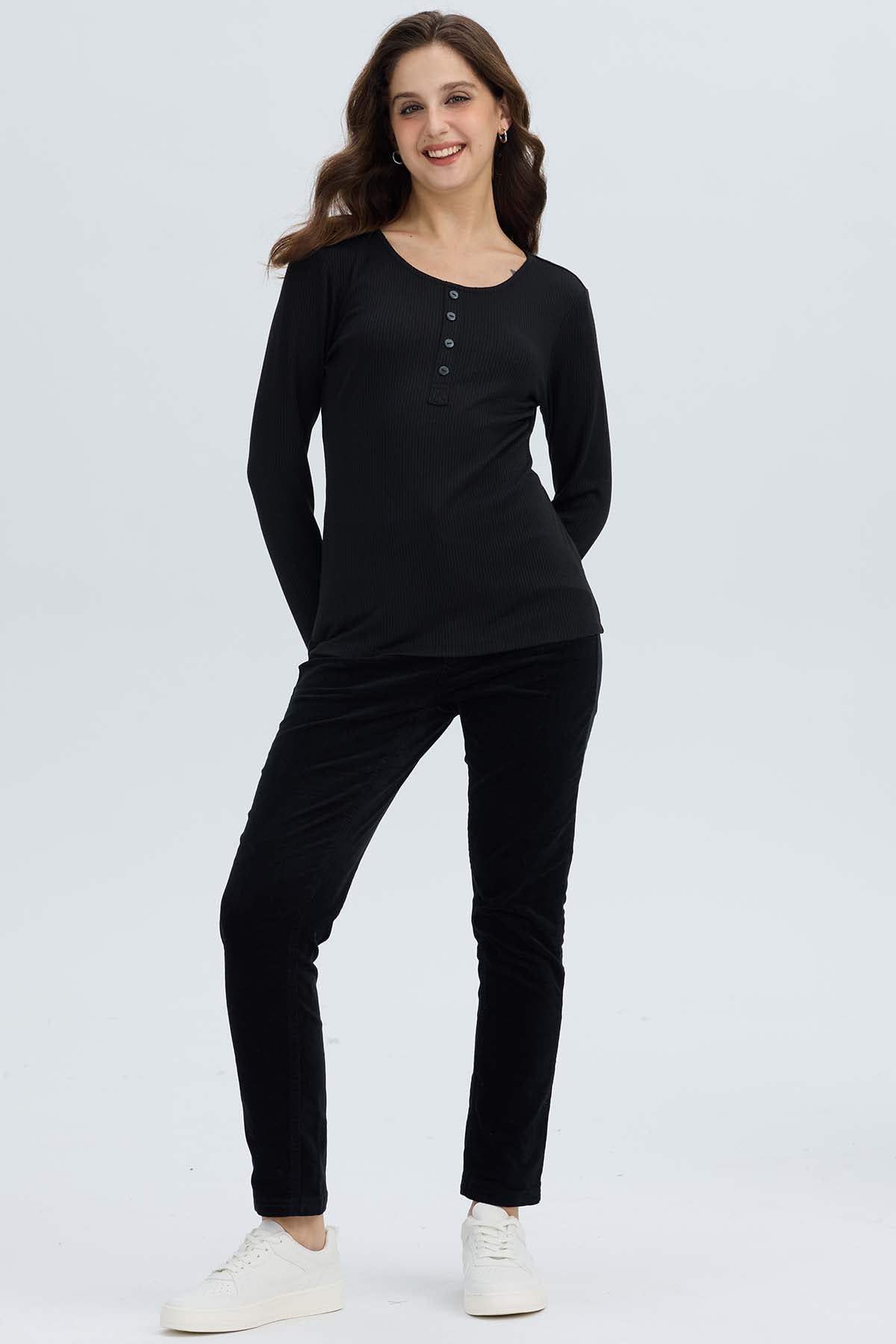 Polera Mujer Botón Rib lisa Negro