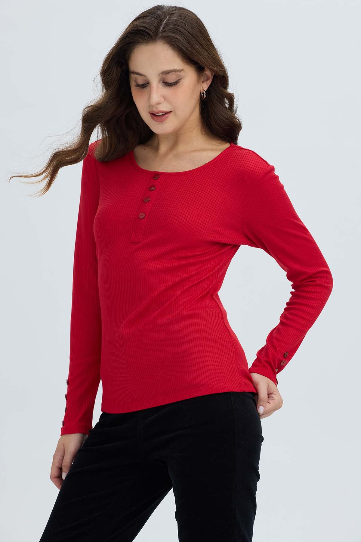 Polera Mujer Botón Rib lisa Rojo Oscuro