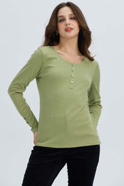 Polera Mujer Botón Rib lisa Verde Musgo