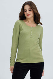 Polera Mujer Botón Rib lisa Verde Musgo