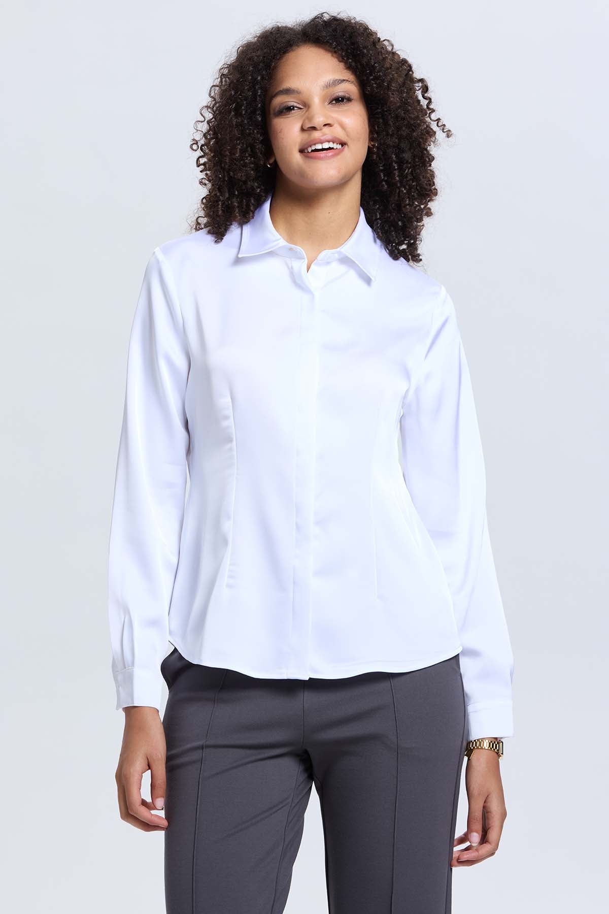 Blusa Mujer Satinada Abotonada Blanco