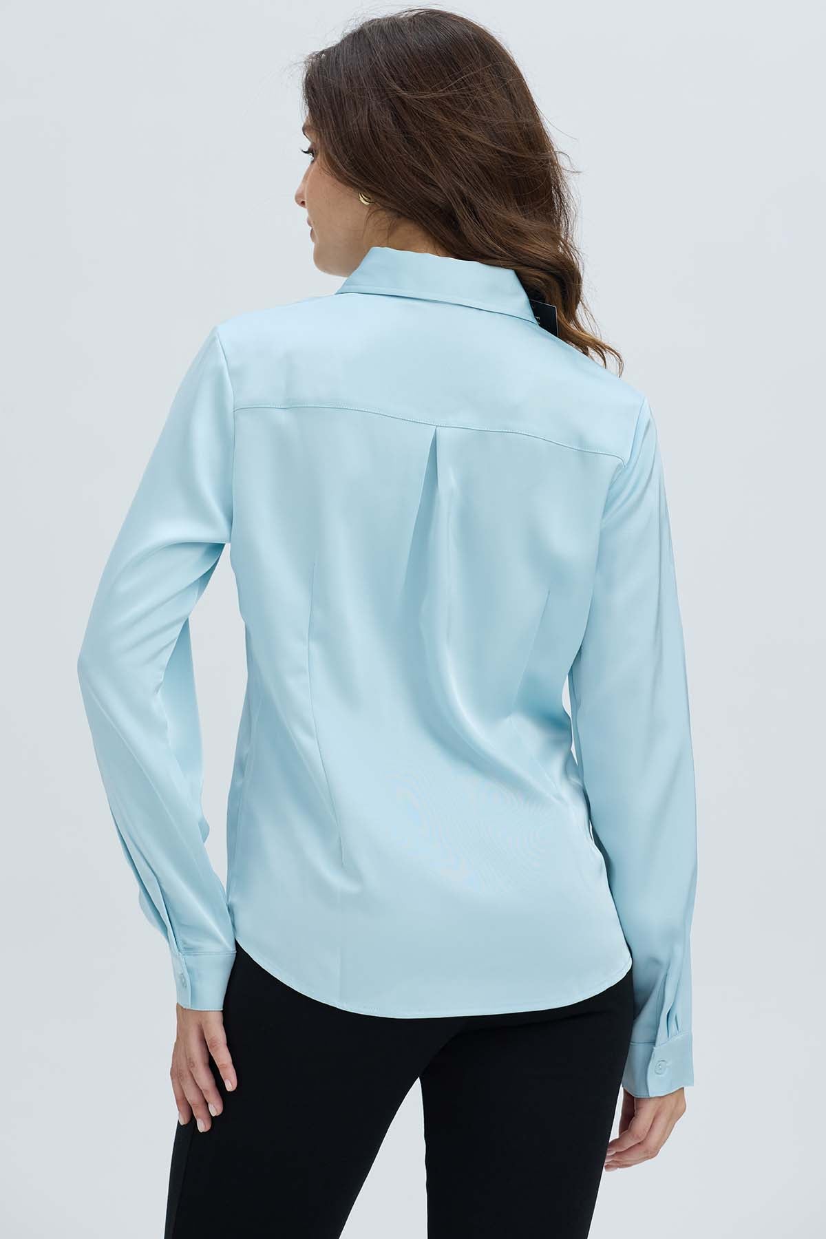 Blusa Mujer Satinada Abotonada Celeste