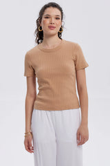 Polera Mujer Rib Crop Lisa Camel
