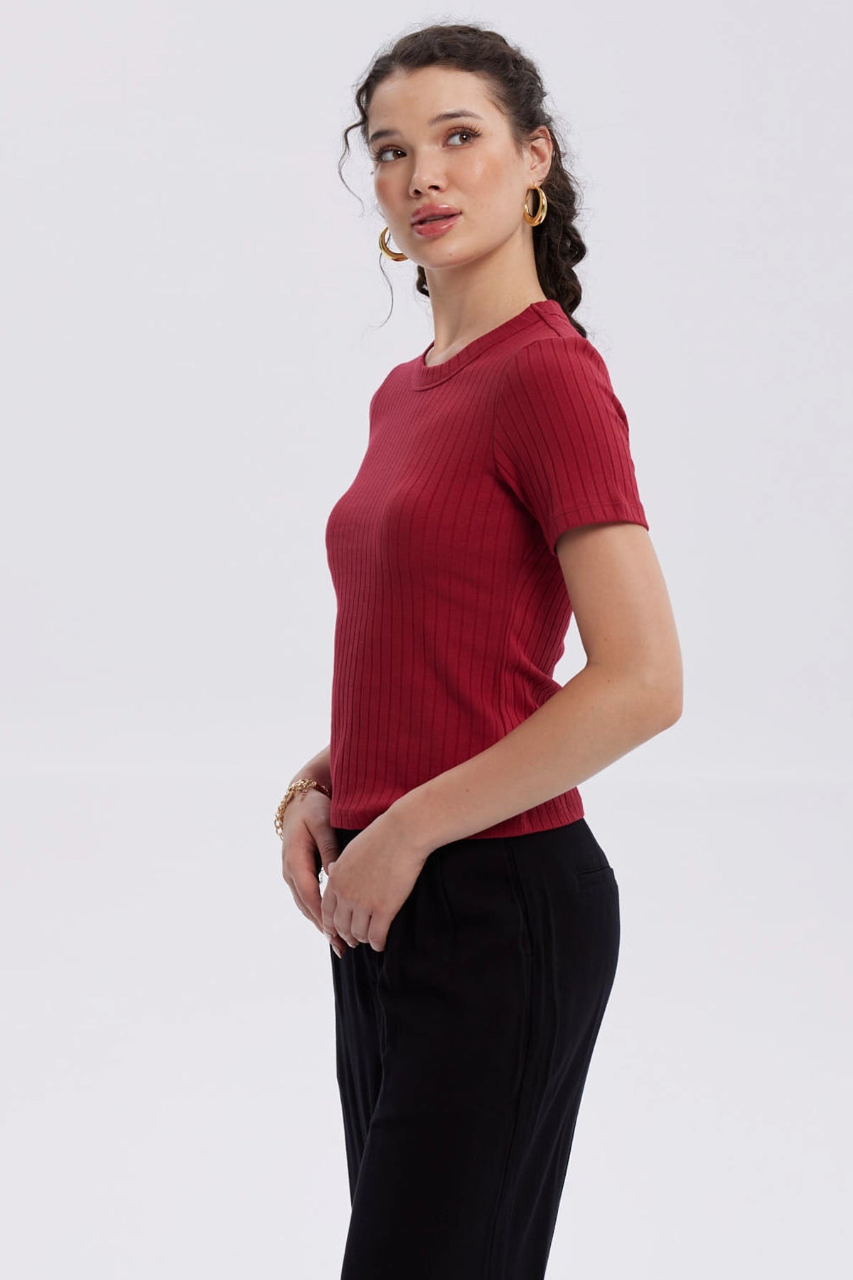 Polera Mujer Rib Crop Lisa Rojo Oscuro