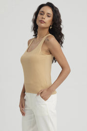 Polera Mujer Lisa Doble Capa Camel