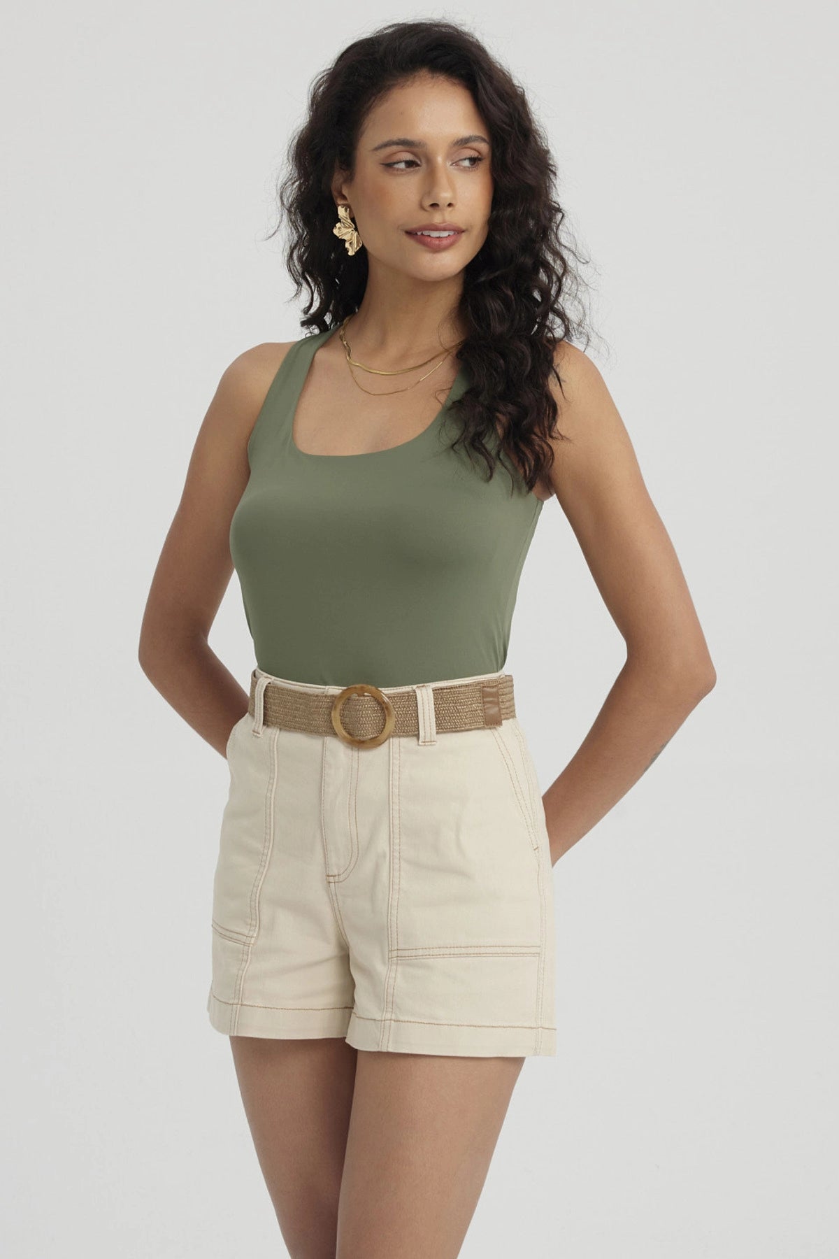 Polera Mujer Lisa Doble Capa Verde Musgo