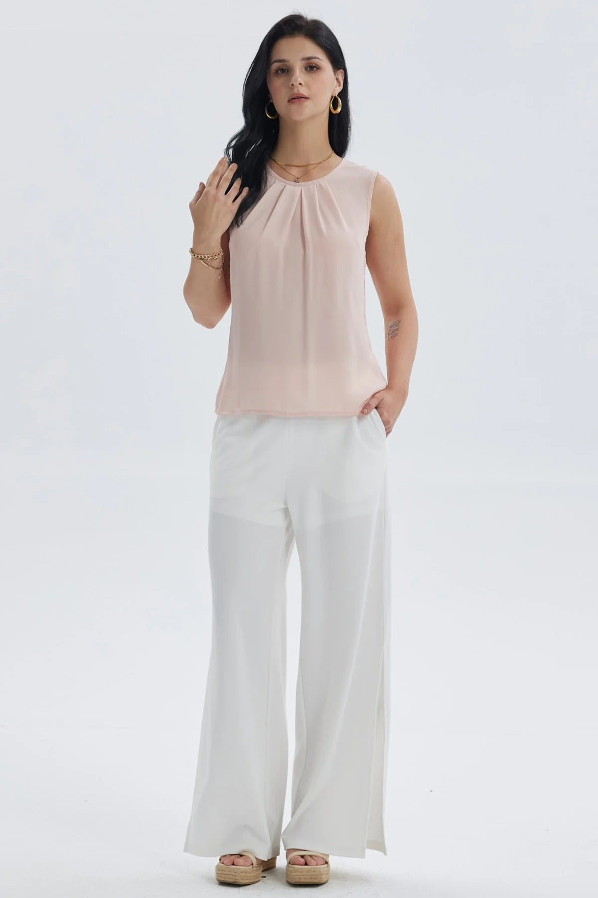 Blusa Mujer Lisa Pliegues Palo Rosa