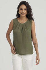 Blusa Mujer Lisa Pliegues Verde Musgo