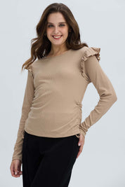 Polera Mujer Con Vuelo Rib Recogido Beige Oscuro