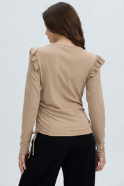 Polera Mujer Con Vuelo Rib Recogido Beige Oscuro