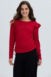 Polera Mujer Con Vuelo Rib Recogido Rojo Oscuro