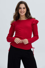 Polera Mujer Con Vuelo Rib Recogido Rojo Oscuro