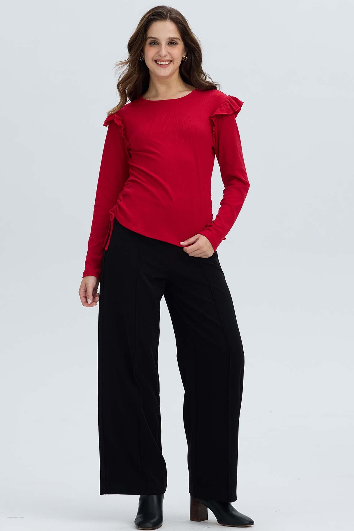 Polera Mujer Con Vuelo Rib Recogido Rojo Oscuro