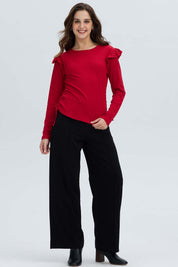 Polera Mujer Con Vuelo Rib Recogido Rojo Oscuro
