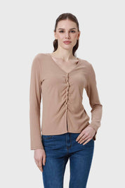 Polera Mujer Recogido Con Botones Beige