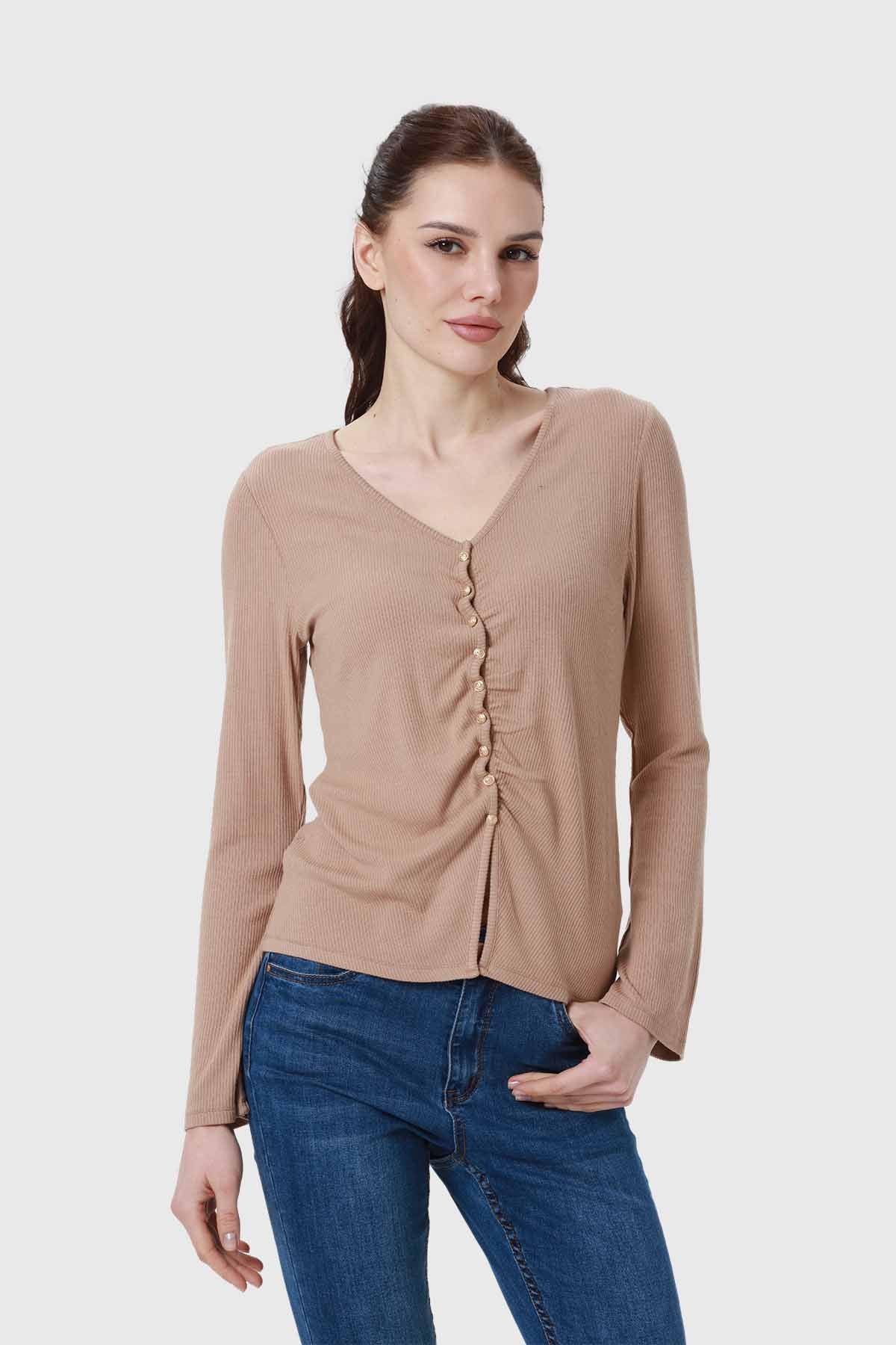 Polera Mujer Recogido Con Botones Beige