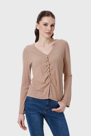 Polera Mujer Recogido Con Botones Beige