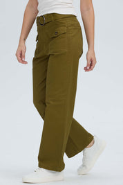 Pantalón Mujer Con Cinturón Y Bolsillos Verde Militar