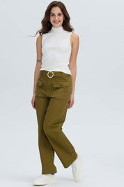 Pantalón Mujer Con Cinturón Y Bolsillos Verde Militar