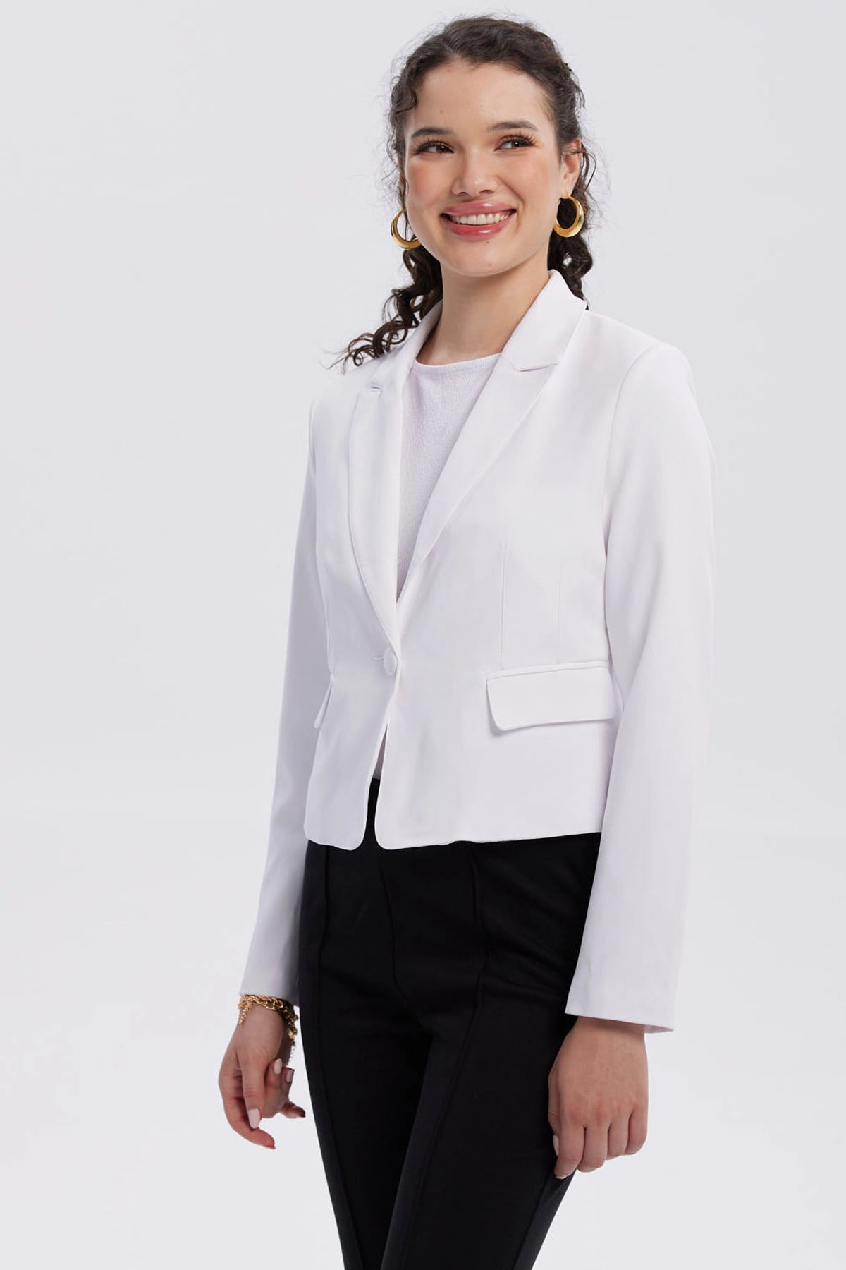 Blazer Mujer Botón Bolsillos Blanco