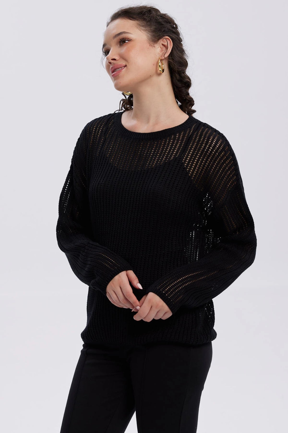 Sweater Mujer Calado Casual Negro