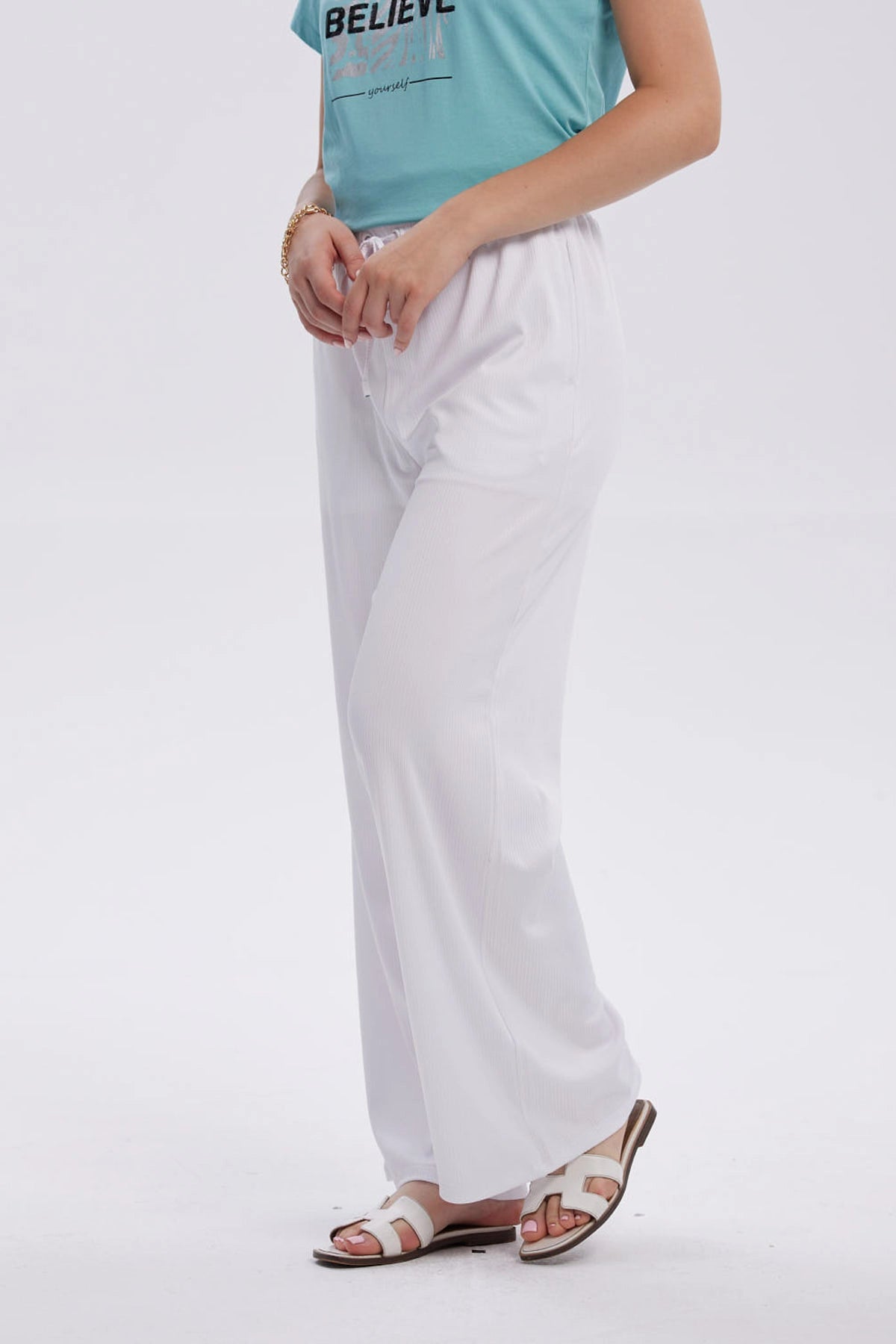Pantalón Mujer Rib Palazzo Liso Pretina Blanco