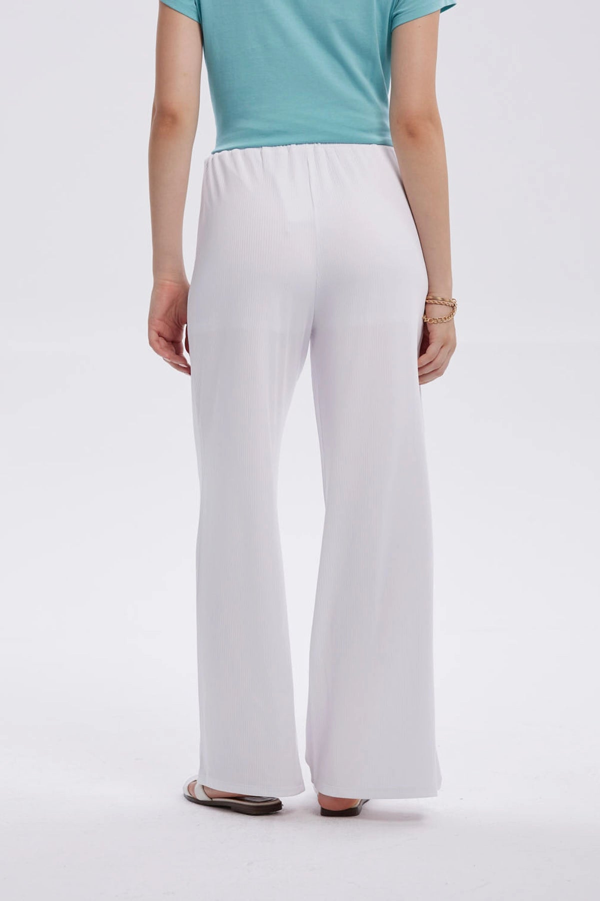 Pantalón Mujer Rib Palazzo Liso Pretina Blanco