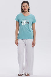 Pantalón Mujer Rib Palazzo Liso Pretina Blanco