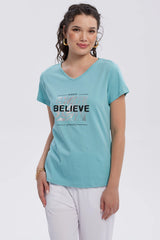 Polera Mujer Print Aplicación Folia Aqua