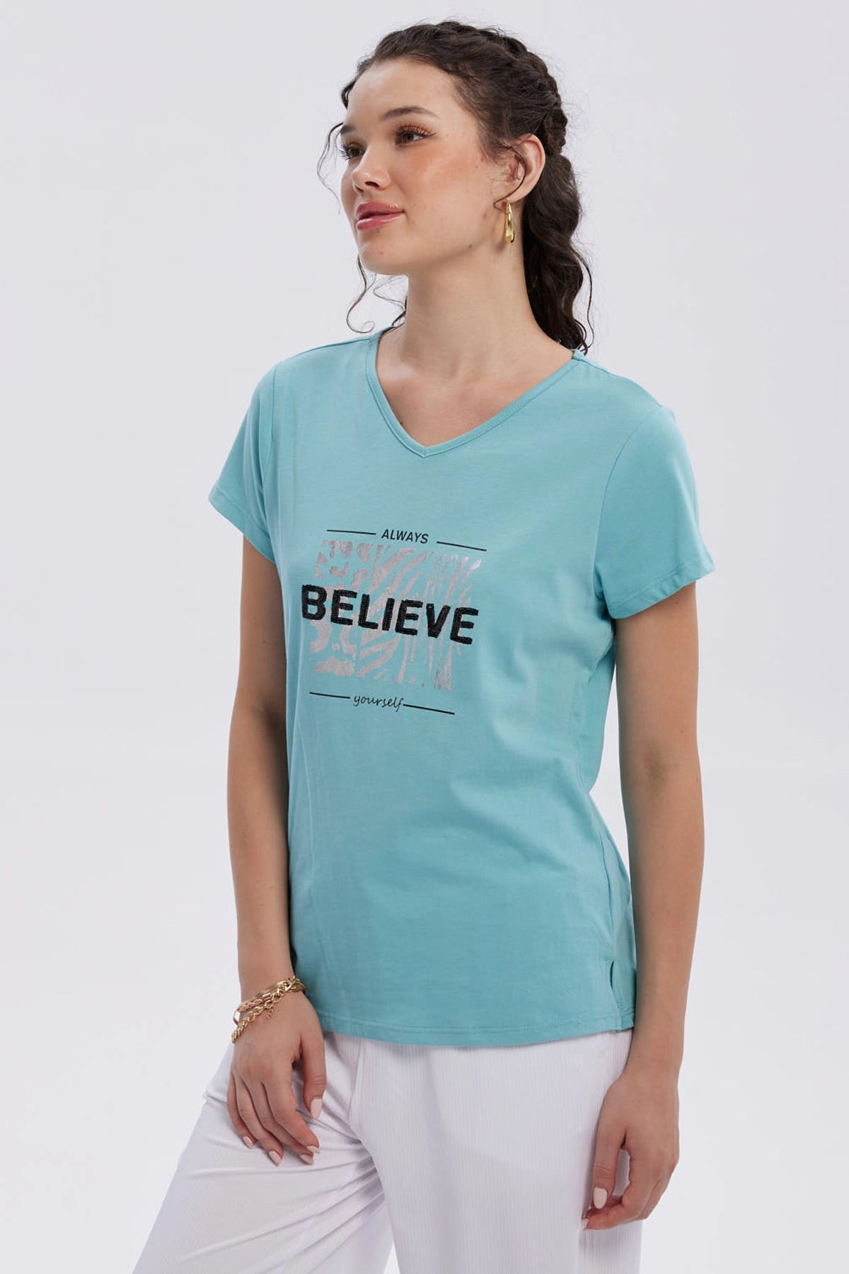 Polera Mujer Print Aplicación Folia Aqua